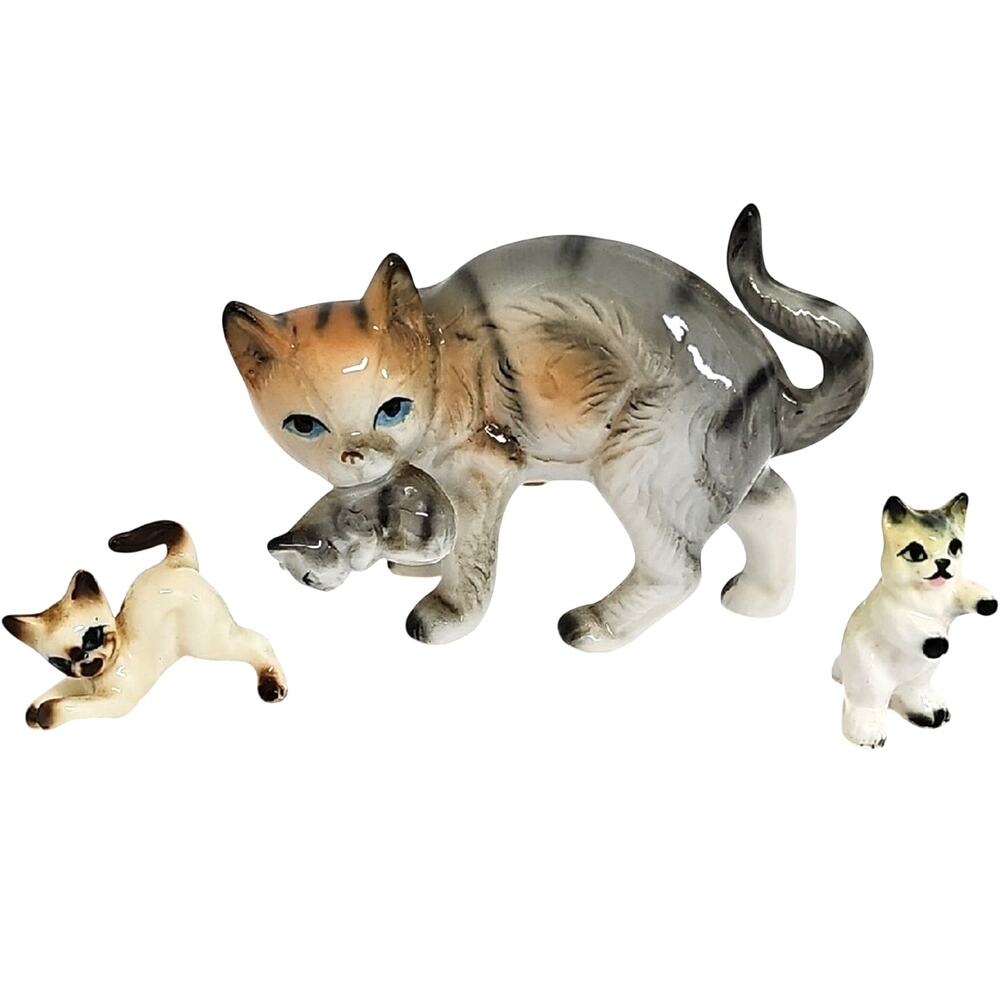 Vintage Ceramic Cat Figurine Set Momma Carrying Kitten and Two Separate Kittens